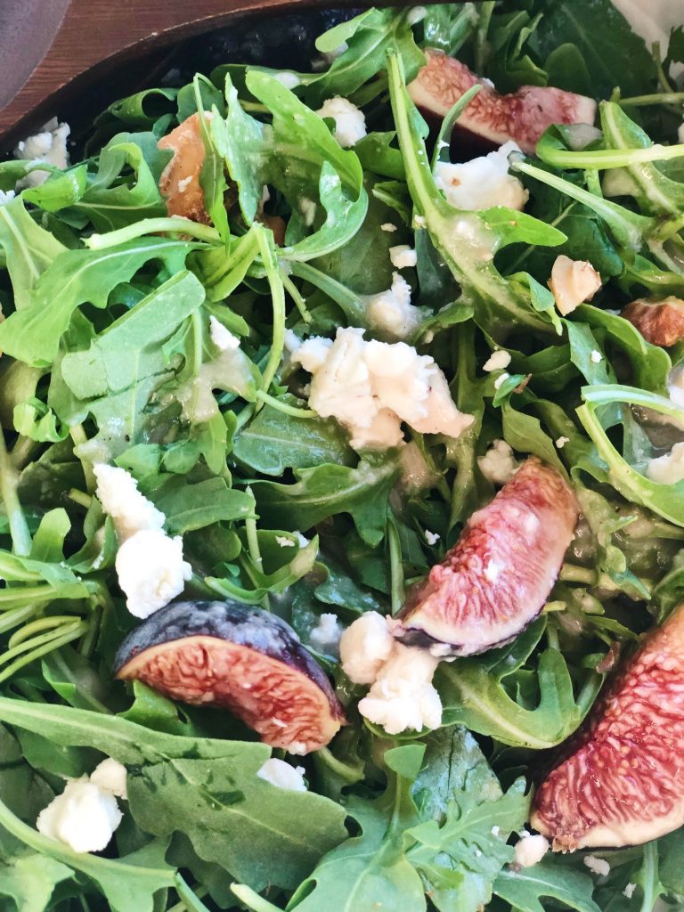 Fig Salad with Baby Arugula, Goat Cheese and Walnuts.