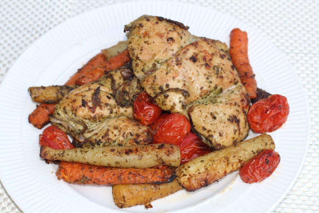 Green Pesto Roasted Chicken and Veggies