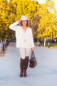 Filuhats Hat, Co Sweater, Joie Tank, AG Jeans , Gianvito Rossi Boots, Celine Handbag, Calypso St. Barth Necklaces, Stone and Leaf.