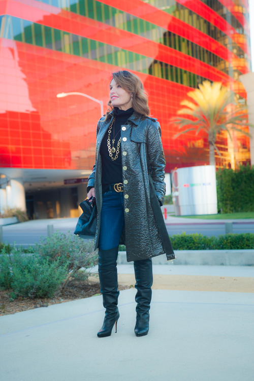 Worth New York Coat, Aqua Turtleneck, Rag and Bone Jeans, Jimmy Choo Over-the-Knee Boots, Stephanie Kantis Necklaces, Gucci Belt, Valentino Handbag, Celine Shades.