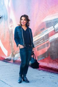 Burberry Denim Jacket, Peter Cohen Top, R13 Jeans, Belle by Sigerson Morrison Booties, Celine Bag, Oliver Peoples Sunglasses, Cartier Watch, China Wall Belt.