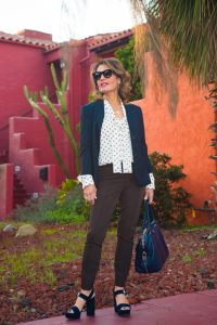 The Row Jacket and Pants, Mantu Blouse, Gianvito Rossi Sandals, Prada Bag, Celine Shades.