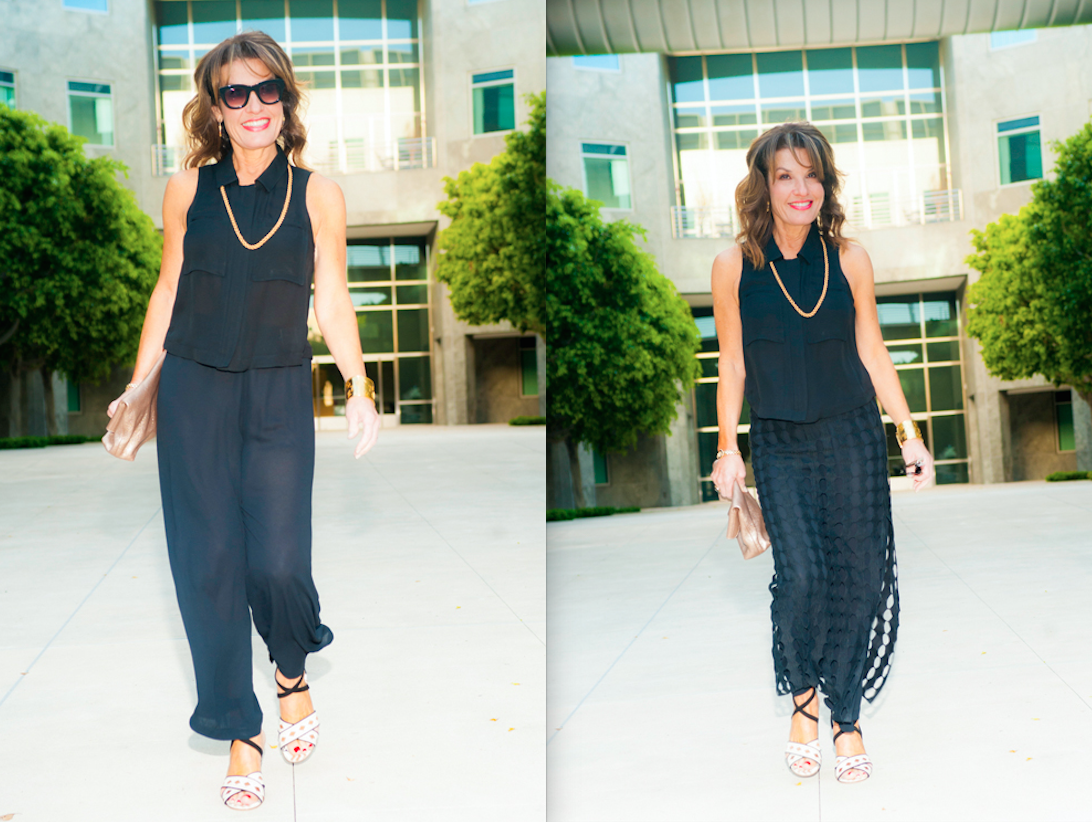 Theory Top, Peter Cohen Pants and Awake Skirt (Available at Savannah Santa Monica), My Grandmother's Necklace, Gianvito Rossi Sandals, Mulberry Clutch.