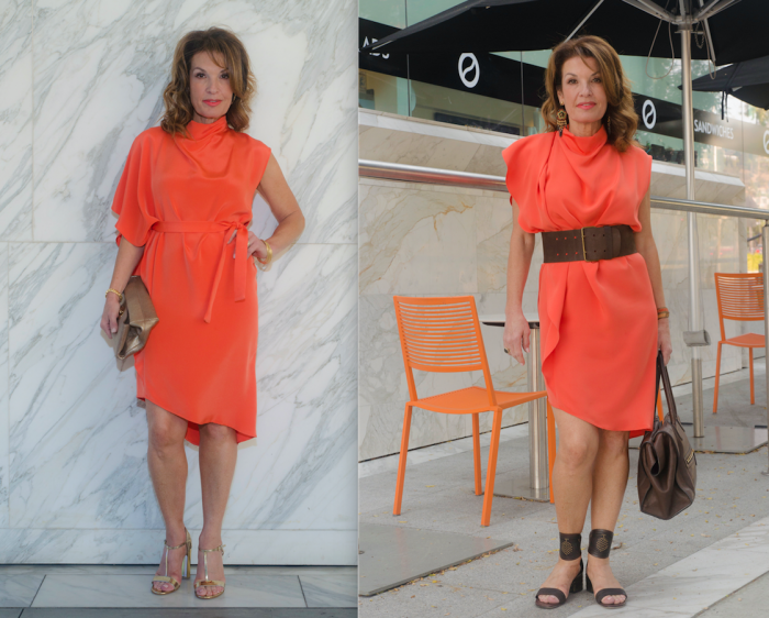 Left: Topshop Dress, Mulberry Clutch, Gianvito Rossi Sandals, Jewelry Bar Bangles, Robin Terman Earrings. Right: Topshop Dress, Celine Bag, Valentino Sandals, Hipanema Earrings, Vintage Brown Belt.
