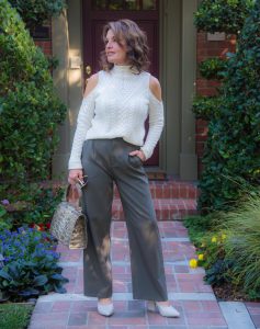 Aqua Sweater, Oak and Fort Pants and Shoes, Calfun Handbag, Jewelry Bar Earrings, Oliver Peoples Sunglasses.