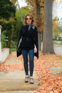 Worth New York Cape and Belt, Ulla Johnson Blouse, Level 99 Leather Pants, Stuart Weitzman Shoes, Chanel Sunglasses and Clutch, Julie Starr Dresner Scarf.