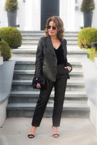 Dries Van Noten Jacket and Pants, J Brand Camisole,  Zina Necklace, Ippolita Ring, Christian Dior Sunglasses, Victoria Beckham Handbag, Kate Spade Sandals.