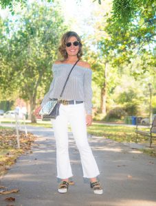 Cabi Blouse, Current Elliot Pants, Bally Shoes, Goldno. 8 Crossbody , Christian Dior Sunnies, Robin Terman Hoops, Gucci Belt.