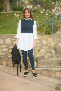  Top, Leggings and Blouse by Comrags, Walter Steiger Shoes, Chloe Backpack, Robin Terman Choker and Earrings.