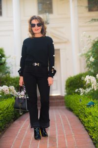 Helmut Lang Sweater, Rag and Bone Jeans, Christian Dior Boots, Fendi Handbag, Hermes Belt, Oliver Peoples Shades, Robin Terman Choker.