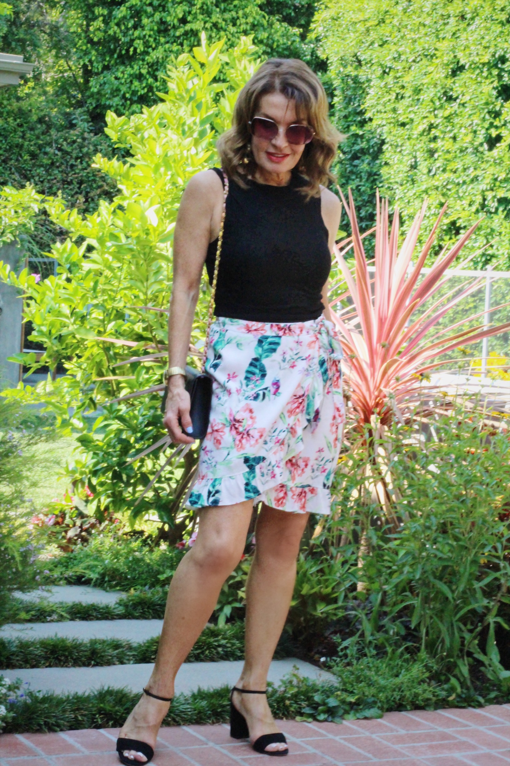 Michael Stars Top, Sanctuary Skirt, YSL Handbag, Aquazzura Heels, Oliver Peoples Sunglasses, Vintage Earrings, Hamilton Watch, Robin Terman Small Beaded Gold Bracelets.