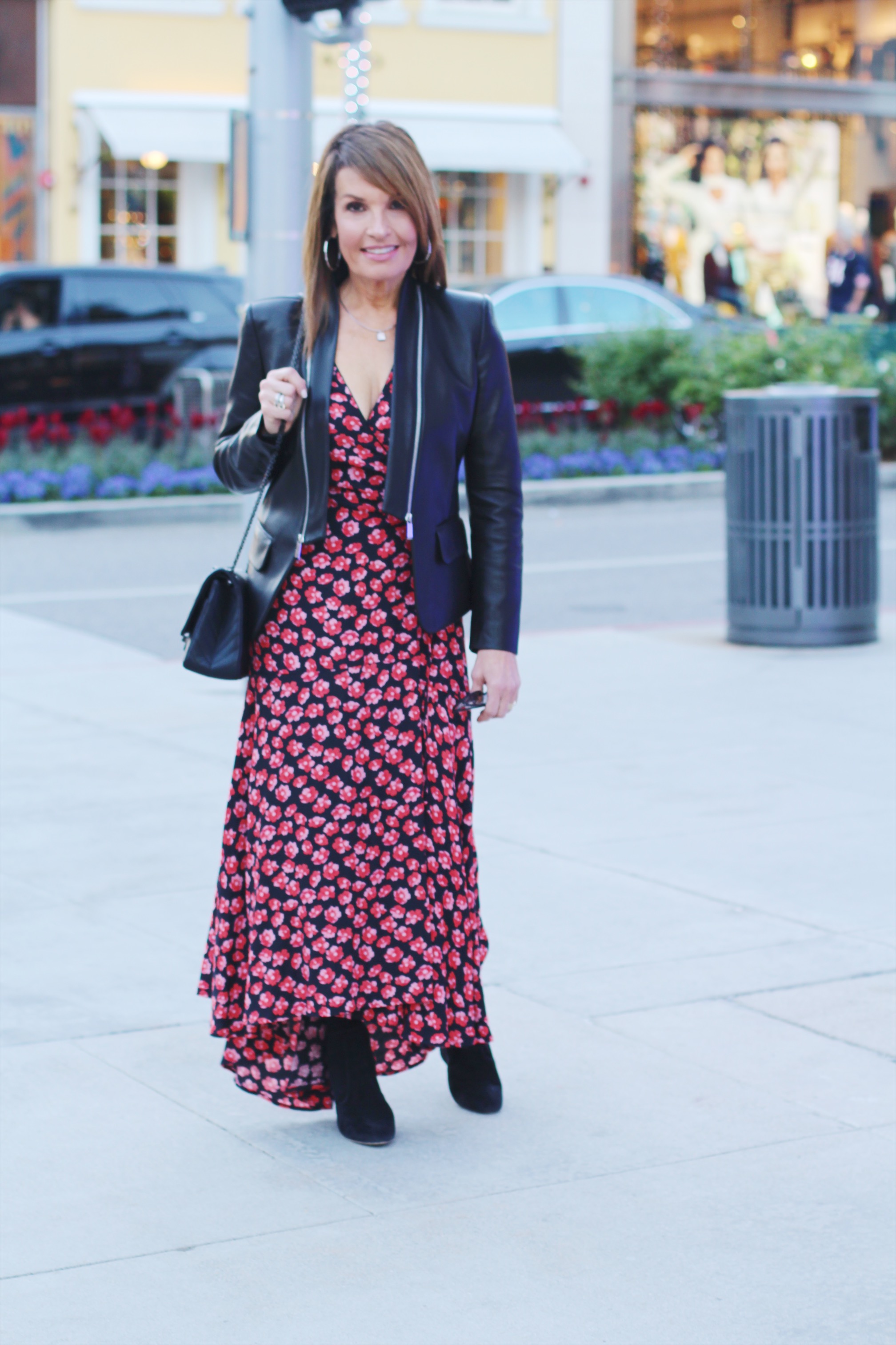 Ganni Dress, Barbara Bui Leather Jacket, Valentino Boots, John Hardy Earrings, Chanel Handbag, Cuff and Sunglasses, Gianvanito Rossi Heels, Gucci Clutch.