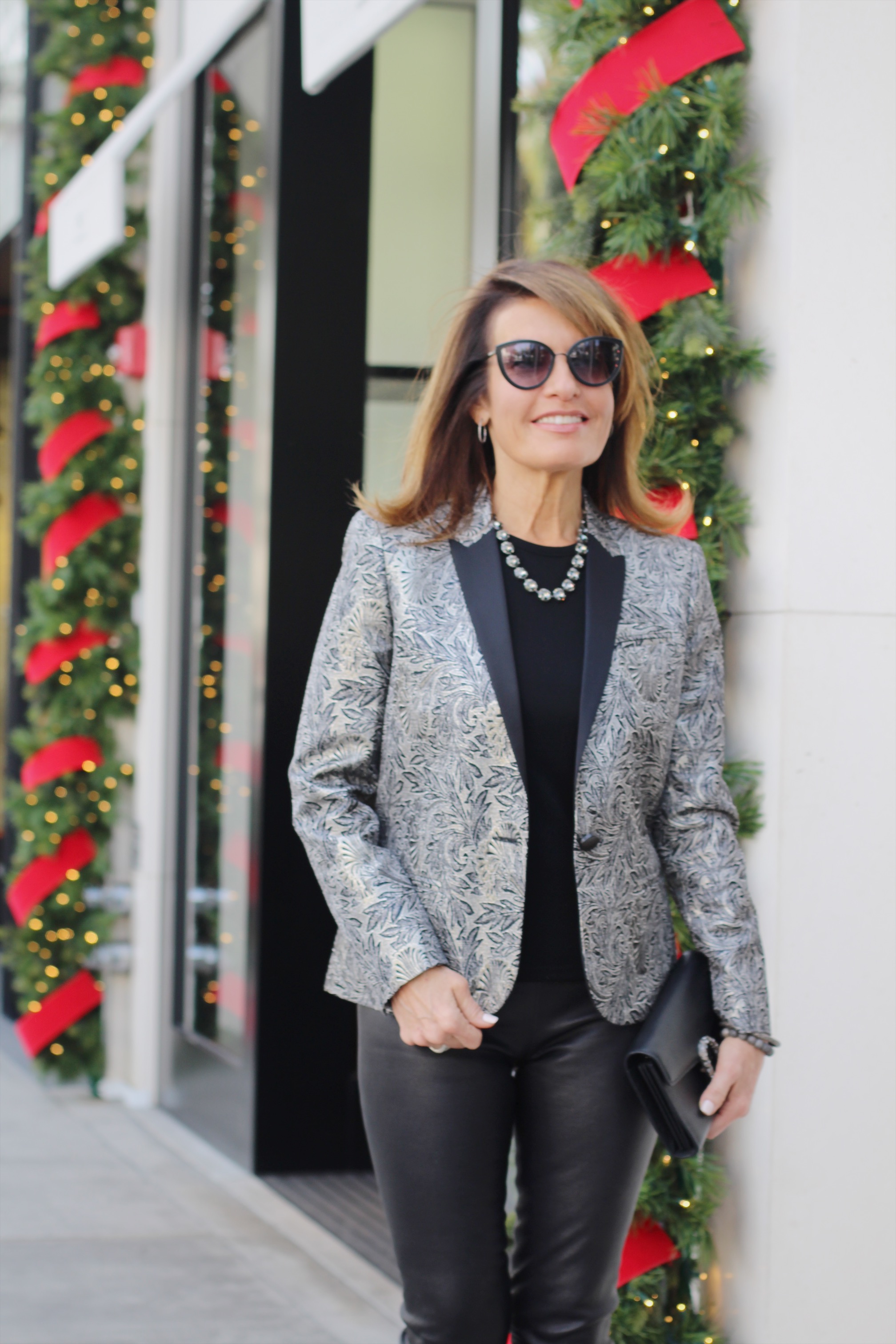 Barbara Bui Jacket, Worth New York Top , The Row Leggings, Dior Shoes, Gucci Clutch , Cathy B Jewelry Necklace, Chanel Sunglasses.