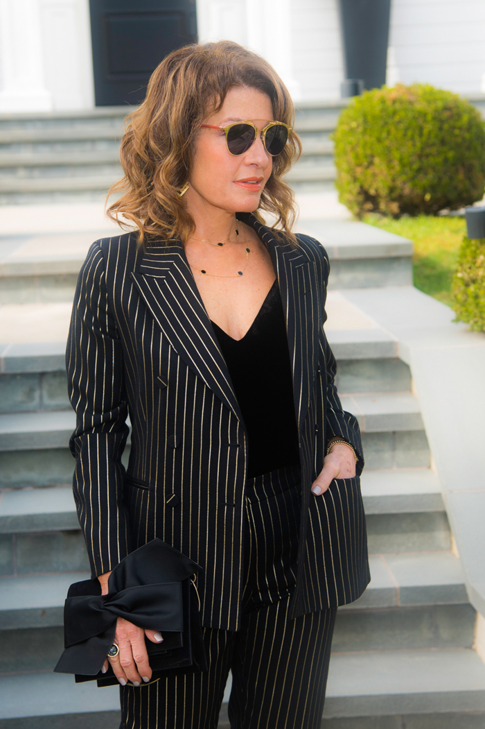 Dries Van Noten Jacket and Pants, J Brand Camisole,  Zina Necklace, Ippolita Ring, Christian Dior Sunglasses, Victoria Beckham Handbag, Kate Spade Sandals.