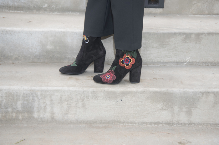 Maje Jacket, Blouse, and Pants, Cabi Belt, Laurence Dacade Boots, Balenciaga Bag, Celine Sunglasses.