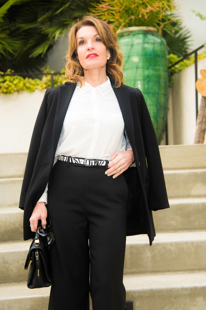 Maje Jacket, Blouse, and Pants, Cabi Belt, Laurence Dacade Boots, Balenciaga Bag, Celine Sunglasses.