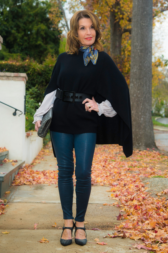 Worth New York Cape and Belt, Ulla Johnson Blouse, Level 99 Leather Pants, Stuart Weitzman Shoes, Chanel Sunglasses and Clutch, Julie Starr Dresner Scarf.