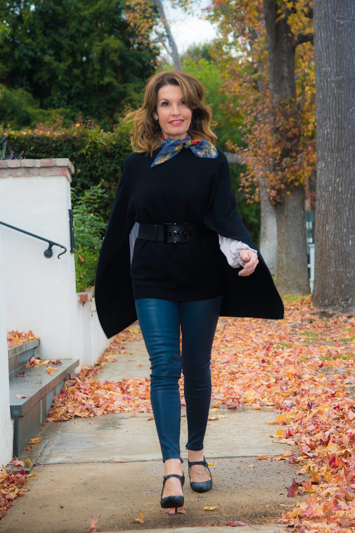 Worth New York Cape and Belt, Ulla Johnson Blouse, Level 99 Leather Pants, Stuart Weitzman Shoes, Chanel Sunglasses and Clutch, Julie Starr Dresner Scarf.