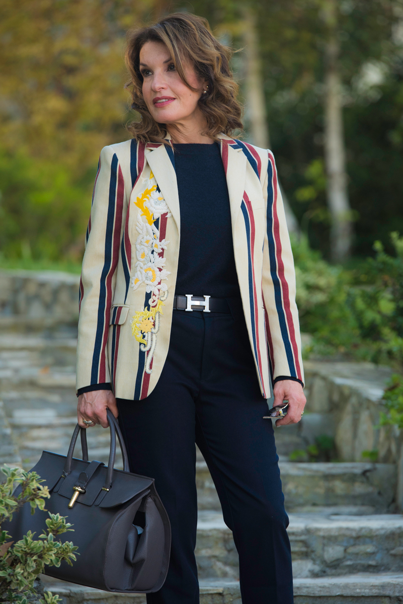 Dries Van Noten Blazer, Whistles Sweater, Hermes Belt, Oak and Fort wool Trousers,  Rebecca Minkoff Loafers, Chanel Sunglasses, Balenciaga Handbag.