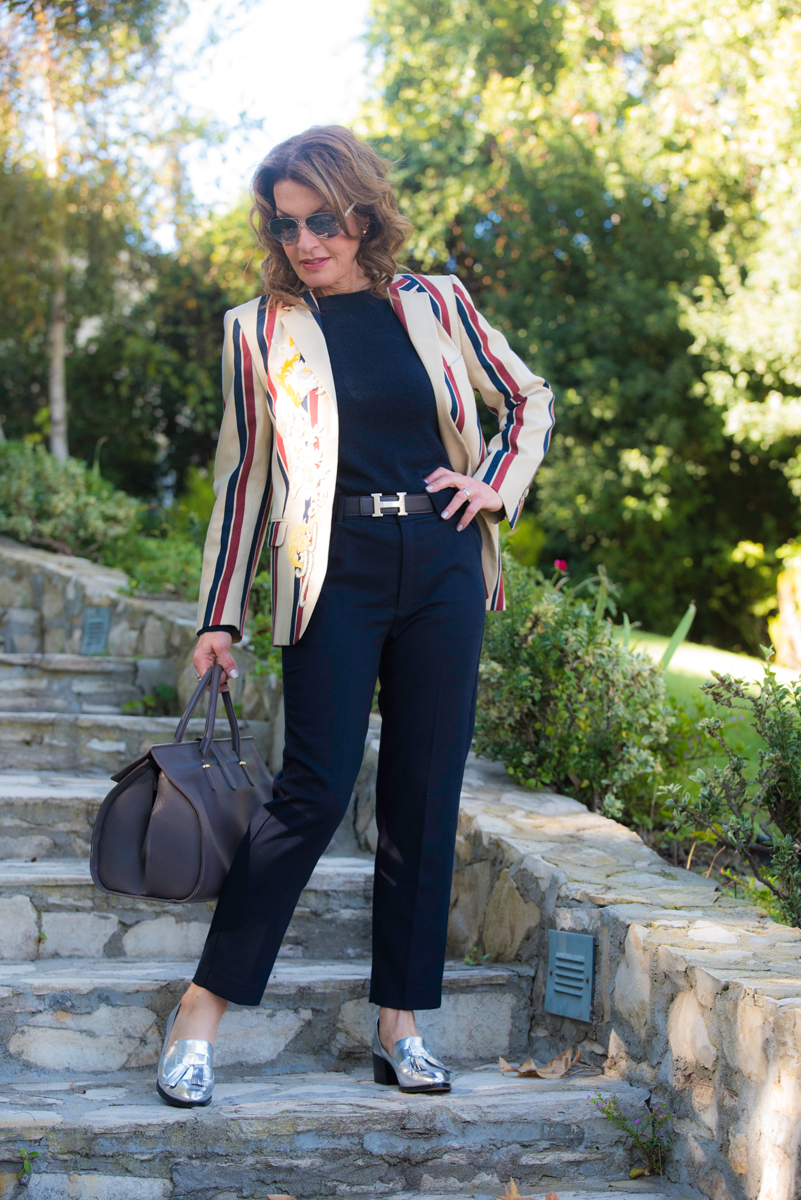 Dries Van Noten Blazer, Whistles Sweater, Hermes Belt, Oak and Fort wool Trousers,  Rebecca Minkoff Loafers, Chanel Sunglasses, Balenciaga Handbag.