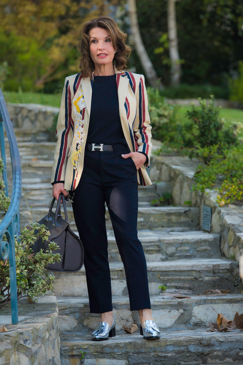 Dries Van Noten Blazer, Whistles Sweater, Hermes Belt, Oak and Fort wool Trousers,  Rebecca Minkoff Loafers, Chanel Sunglasses, Balenciaga Handbag.