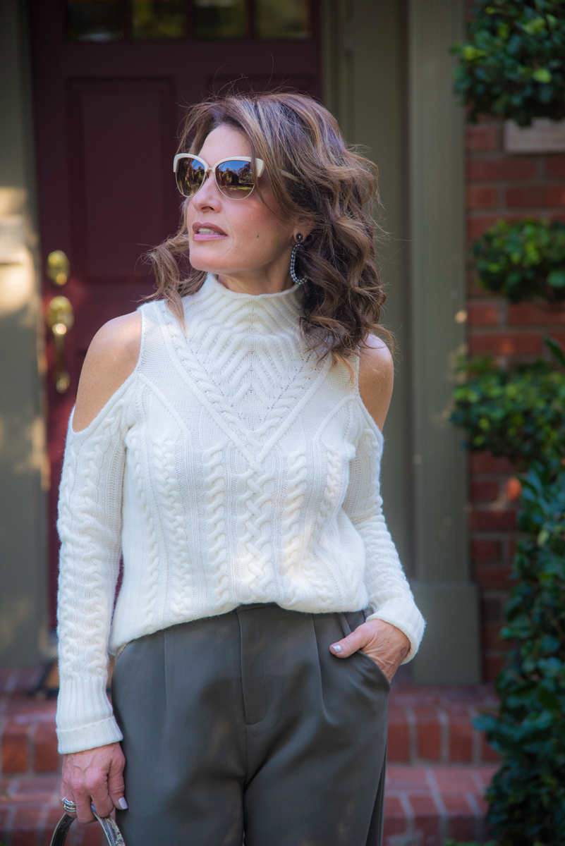 Aqua Sweater, Oak and Fort Pants and Shoes, Calfun Handbag, Jewelry Bar Earrings, Oliver Peoples Sunglasses.