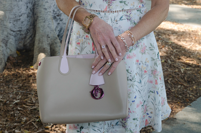 The Kooples Dress, Roger Vivier Kitten Heels, Christian Dior Bag, Robin Terman Bracelets, Ippolita Glass Bracelet, Michael Kors Watch.