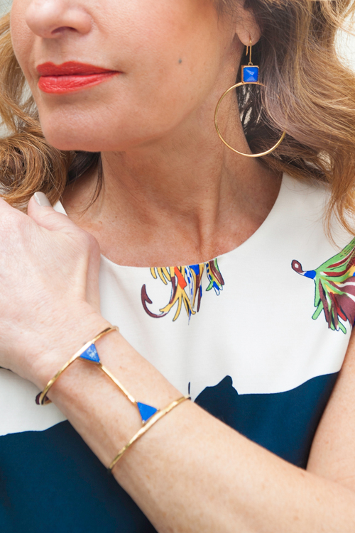 Dress, Shoes, and Handbag by Bally, Bavna Blue Gold Bangles (Available at the Jewelry Bar), Elizabeth and James Earrings and Cuff.