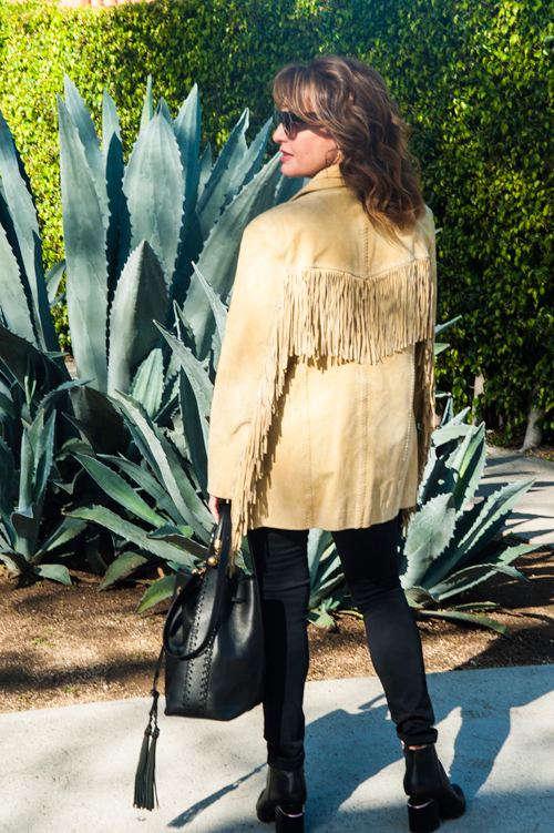 Vintage Suede Jacket, ROI Sweater (Available at Scoop NYC), Gucci Belt, AG Jean, Alexander Wang Booties, Chloe Bucket Bag.