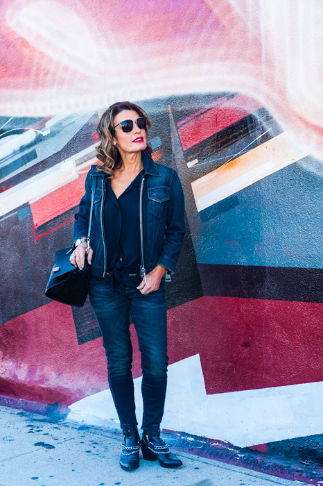 Burberry Denim Jacket, Peter Cohen Top, R13 Jeans, Belle by Sigerson Morrison Booties, Celine Bag, Oliver Peoples Sunglasses, Cartier Watch, China Wall Belt.