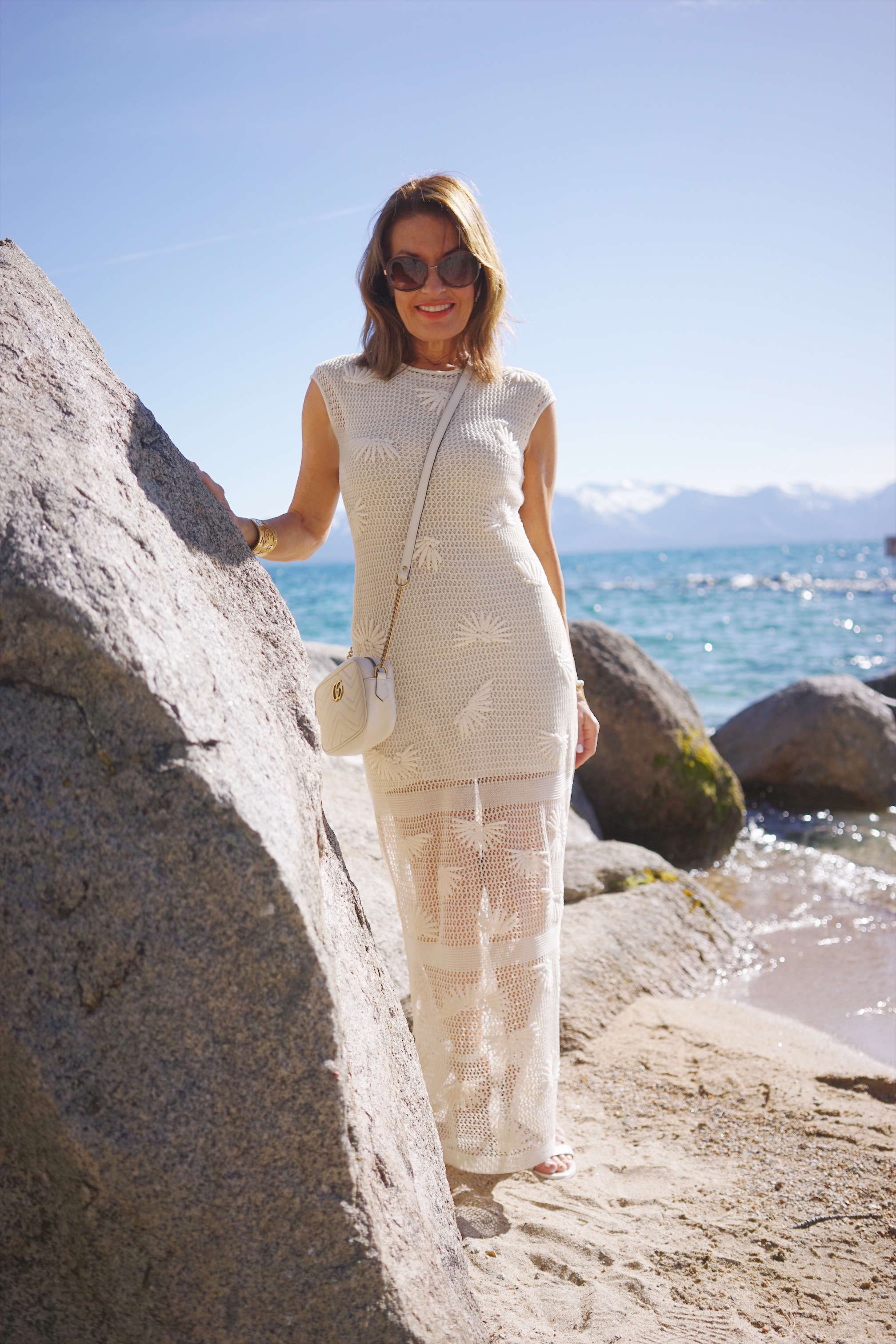 Chanel Dress, Stuart Weitzman Sandals, Oliver People's Sunglasses, Gucci Crossbody Handbag, Anne Sisteron Pearl Bracelet, Vintage YSL Cuff.