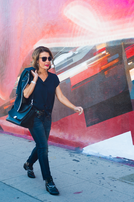 Burberry Denim Jacket, Peter Cohen Top, R13 Jeans, Belle by Sigerson Morrison Booties, Celine Bag, Oliver Peoples Sunglasses, Cartier Watch, China Wall Belt.