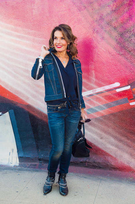 Burberry Denim Jacket, Peter Cohen Top, R13 Jeans, Belle by Sigerson Morrison Booties, Celine Bag, Oliver Peoples Sunglasses, Cartier Watch, China Wall Belt.