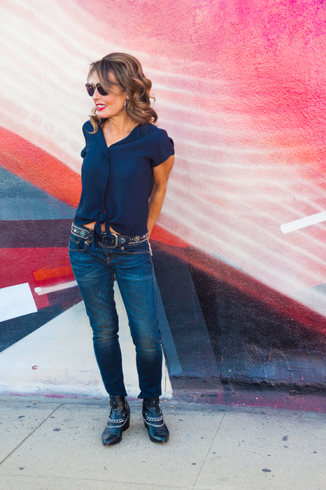 Burberry Denim Jacket, Peter Cohen Top, R13 Jeans, Belle by Sigerson Morrison Booties, Celine Bag, Oliver Peoples Sunglasses, Cartier Watch, China Wall Belt.