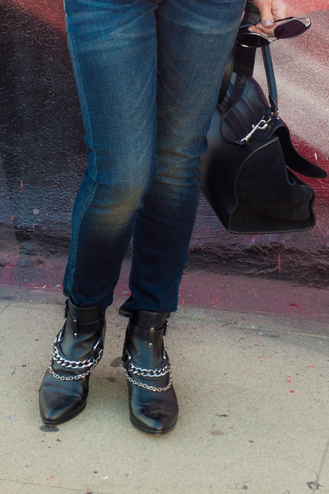 Burberry Denim Jacket, Peter Cohen Top, R13 Jeans, Belle by Sigerson Morrison Booties, Celine Bag, Oliver Peoples Sunglasses, Cartier Watch, China Wall Belt.