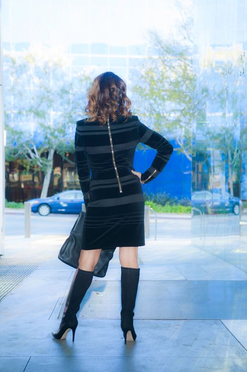 Balmain Dress, Jimmy Choo Boots, Saks Fifth Ave Leather Coat, Tom Ford Clutch, Missoni Necklace, Celine Sunglasses.