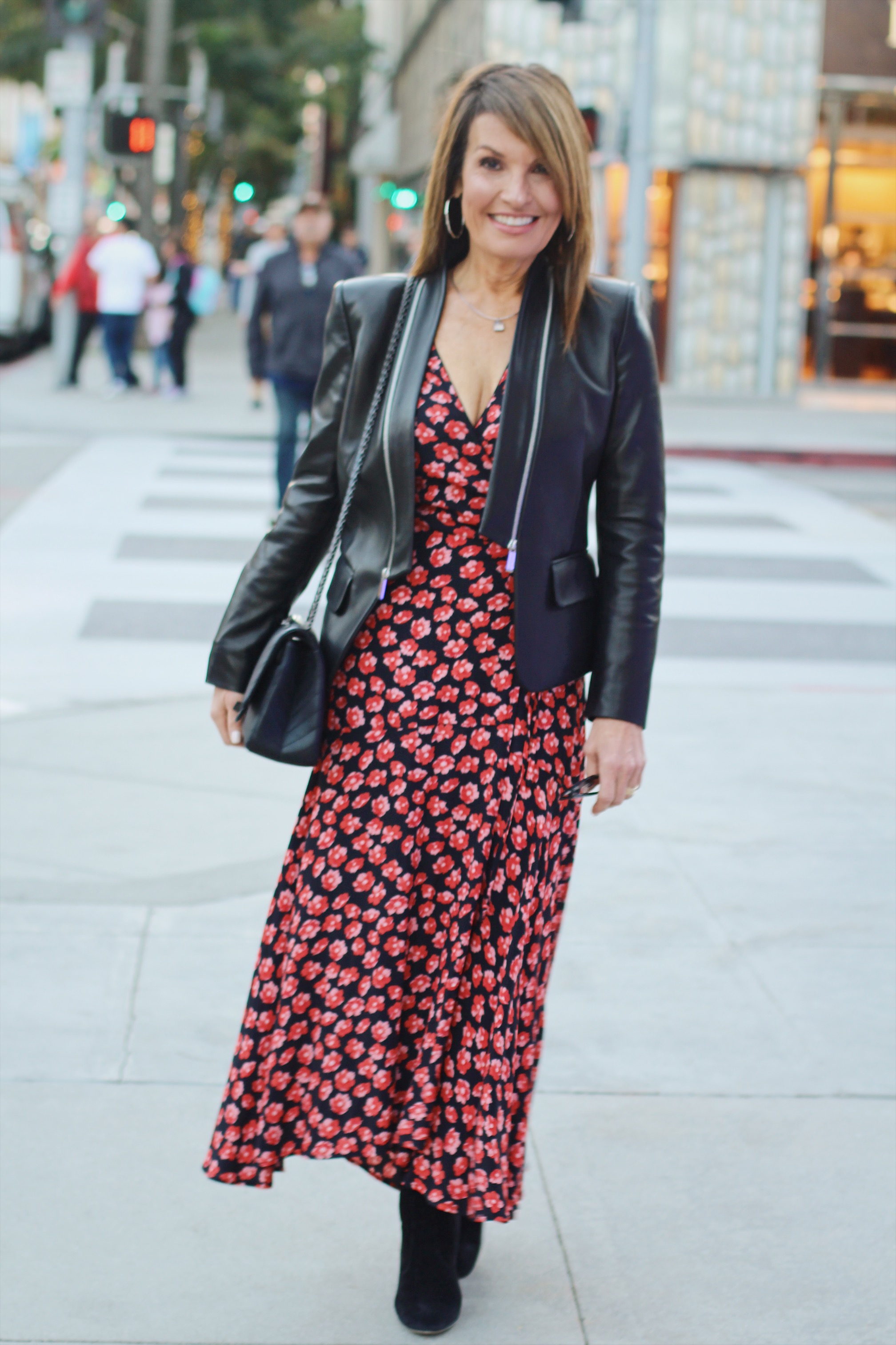 Ganni Dress, Barbara Bui Leather Jacket, Valentino Boots, John Hardy Earrings, Chanel Handbag, Cuff and Sunglasses, Gianvanito Rossi Heels, Gucci Clutch.