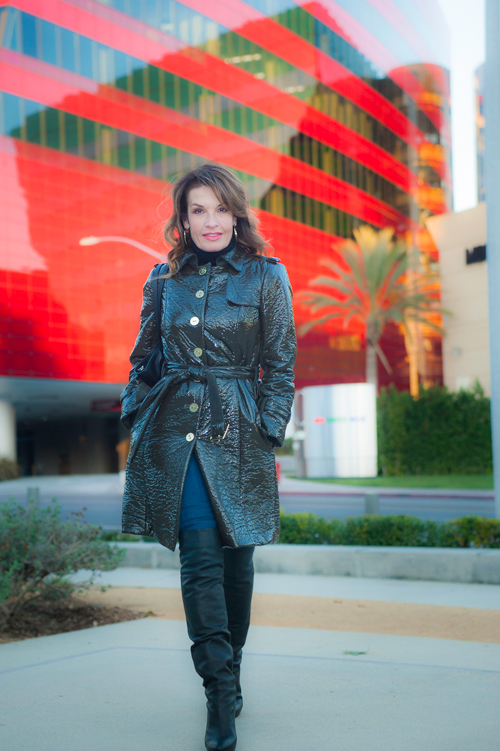 Worth New York Coat, Aqua Turtleneck, Rag and Bone Jeans, Jimmy Choo Over-the-Knee Boots, Stephanie Kantis Necklaces, Gucci Belt, Valentino Handbag, Celine Shades.