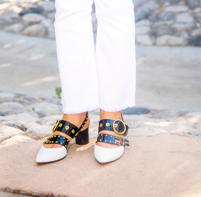 Cabi Blouse, Current Elliot Pants, Bally Shoes, Goldno. 8 Crossbody, Christian Dior Sunnies, Robin Terman Hoops, Gucci Belt.