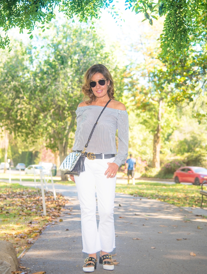 Cabi Blouse, Current Elliot Pants, Bally Shoes, Goldno. 8 Crossbody, Christian Dior Sunnies, Robin Terman Hoops, Gucci Belt.