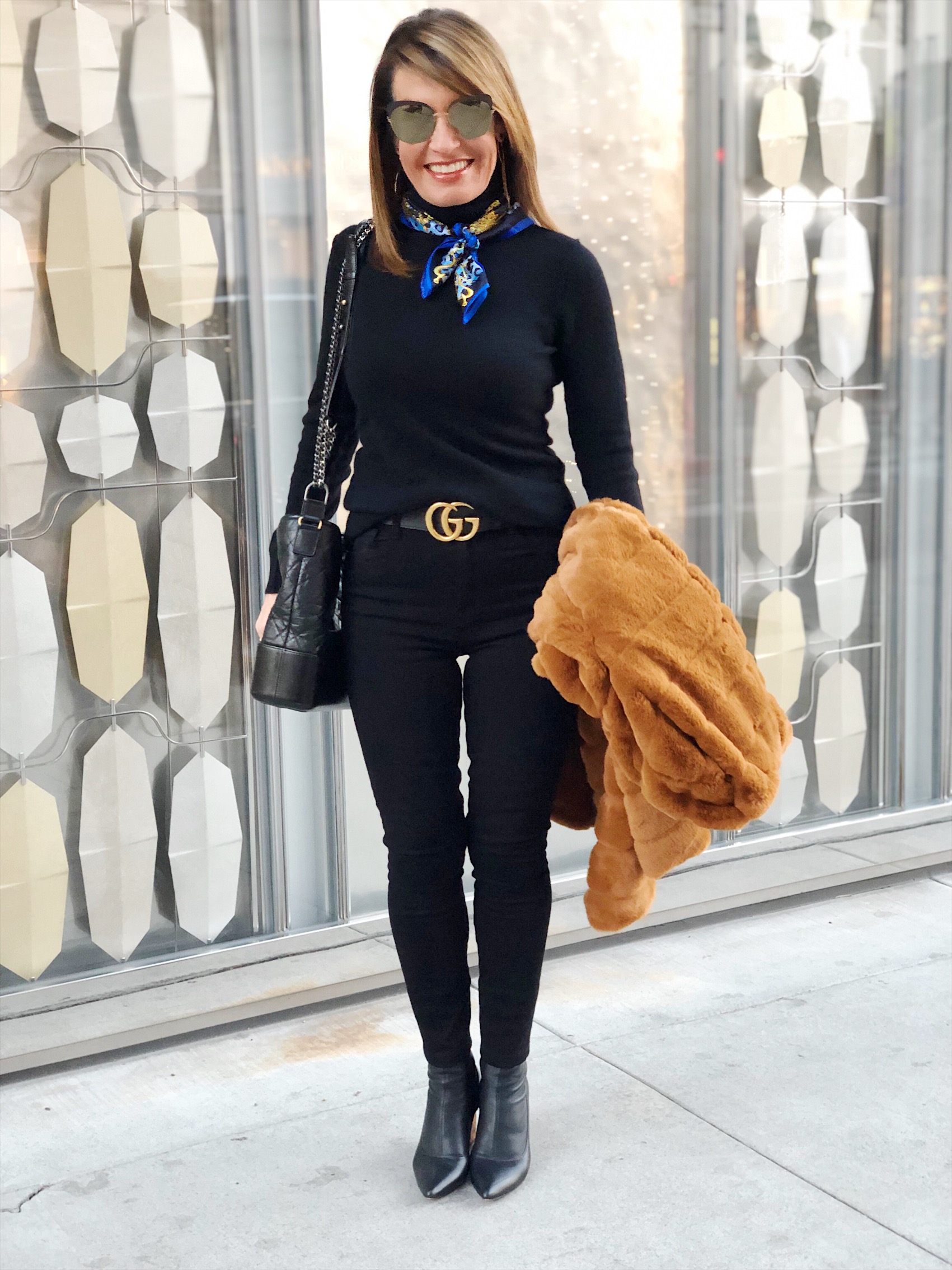 Apparis Jacket, Aqua Turtleneck, Frame Jeans , Gucci Belt, Mizo Scarf, Zimmermann Booties, Meyrav Shavit Earrings, Chanel Handbag, Mykita Sunglasses.