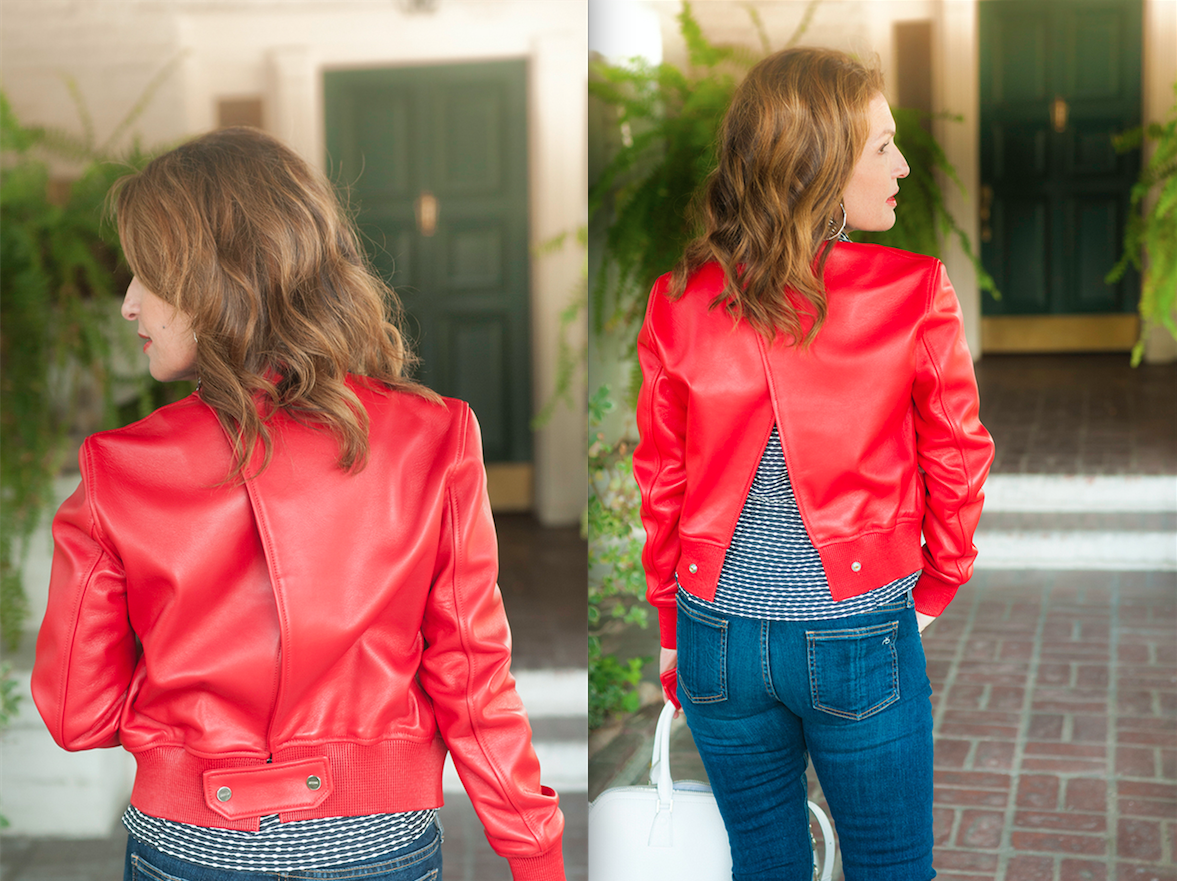 Bally Red Leather Jacket, Peter Cohen Top, Rag and Bone Jeans, Gianvito Rossi Shoes, Chanel Bracelet, Oliver Peoples Sunglasses, John Hardy Wrap Bracelet Worn as a Necklace.