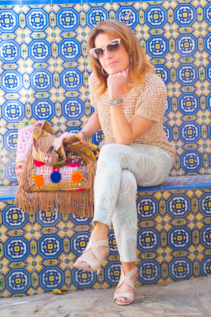  Calypso St. Barth Handbag, CAbi Sorbet Pullover, Paradise Cropped Jean, Gianvito Rossi Sandals, Robin Terman Bracelets, Oliver Peoples Sunglasses, John Hardy Hoops. 