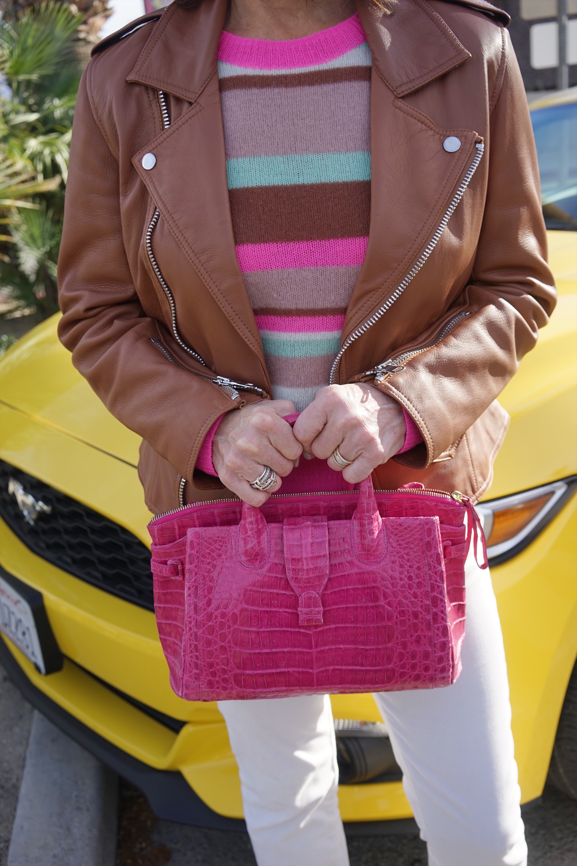 Philip Lim Jacket, Sies Marjan Sweater, J Brand Corduroy Pants, Stuart Weitzman Boots, Nancy Gonzalez Handbag, Miu Miu Shades, John Hardy Hoop Earrings, Spinelli Kilcollin Ring.