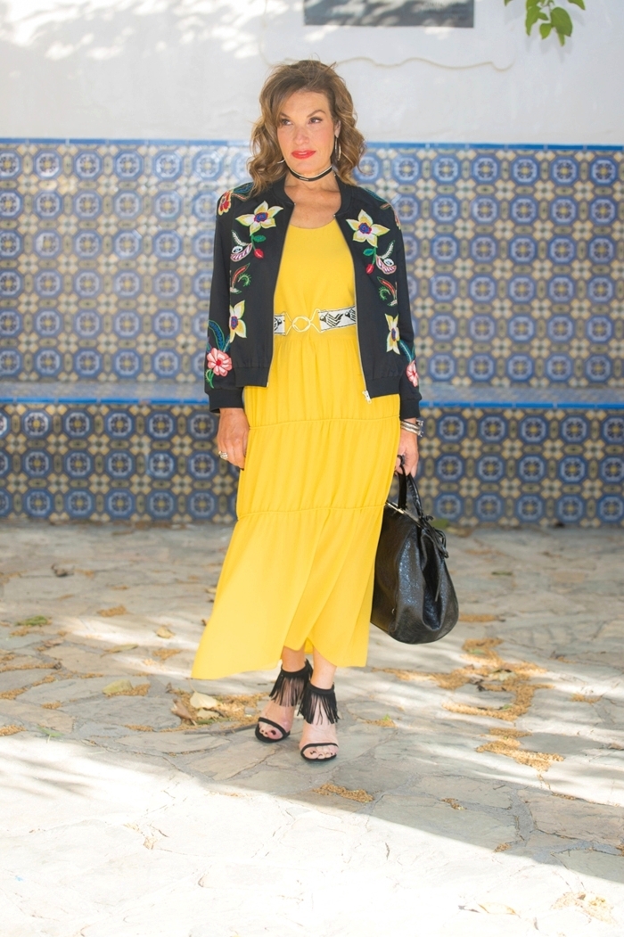 Maje Dress and Belt, Banjanan Jacket, Stuart Weitzman Sandals, Balenciaga, Backpack, Robin Terman Choker and Earrings, Celine Sunglasses.