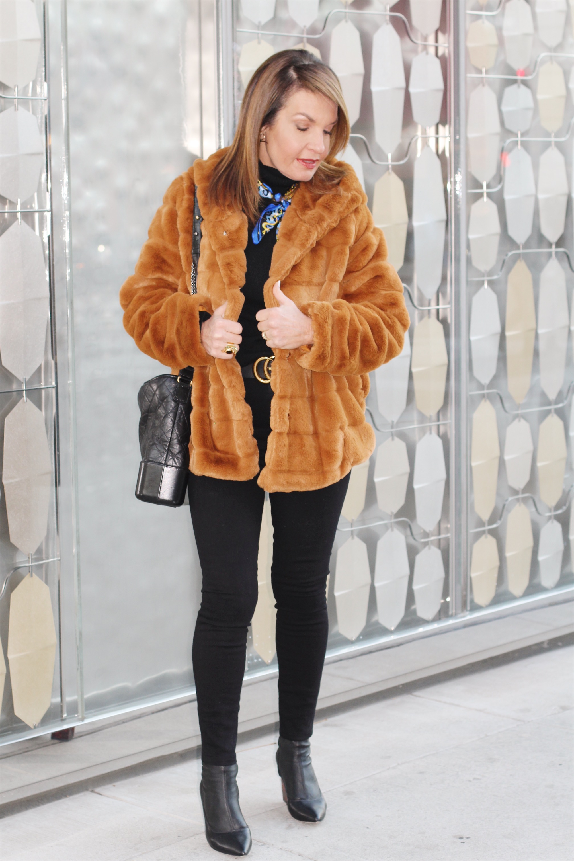 Apparis Jacket, Aqua Turtleneck, Frame Jeans , Gucci Belt, Mizo Scarf, Zimmermann Booties, Meyrav Shavit Earrings, Chanel Handbag, Mykita Sunglasses.