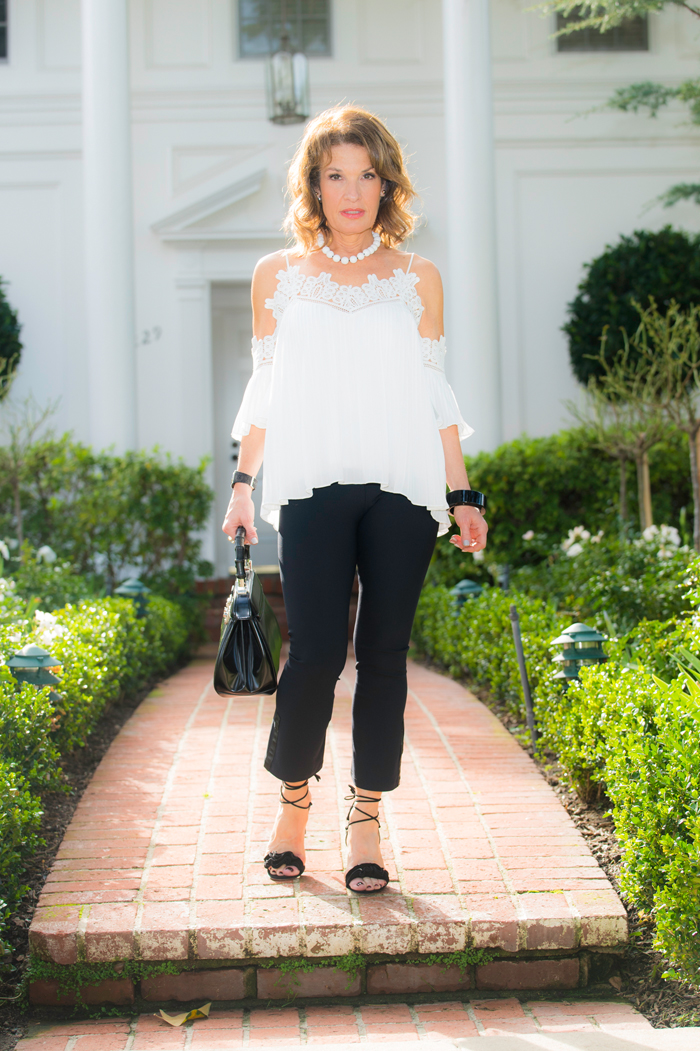 Aqua Blouse, Elaine Kim Pants, Gianvito Rossi Sandals, Gucci Watch and Handbag, Lanvin Bracelet, Jewelry Bar Necklace, Chanel Sunglasses.