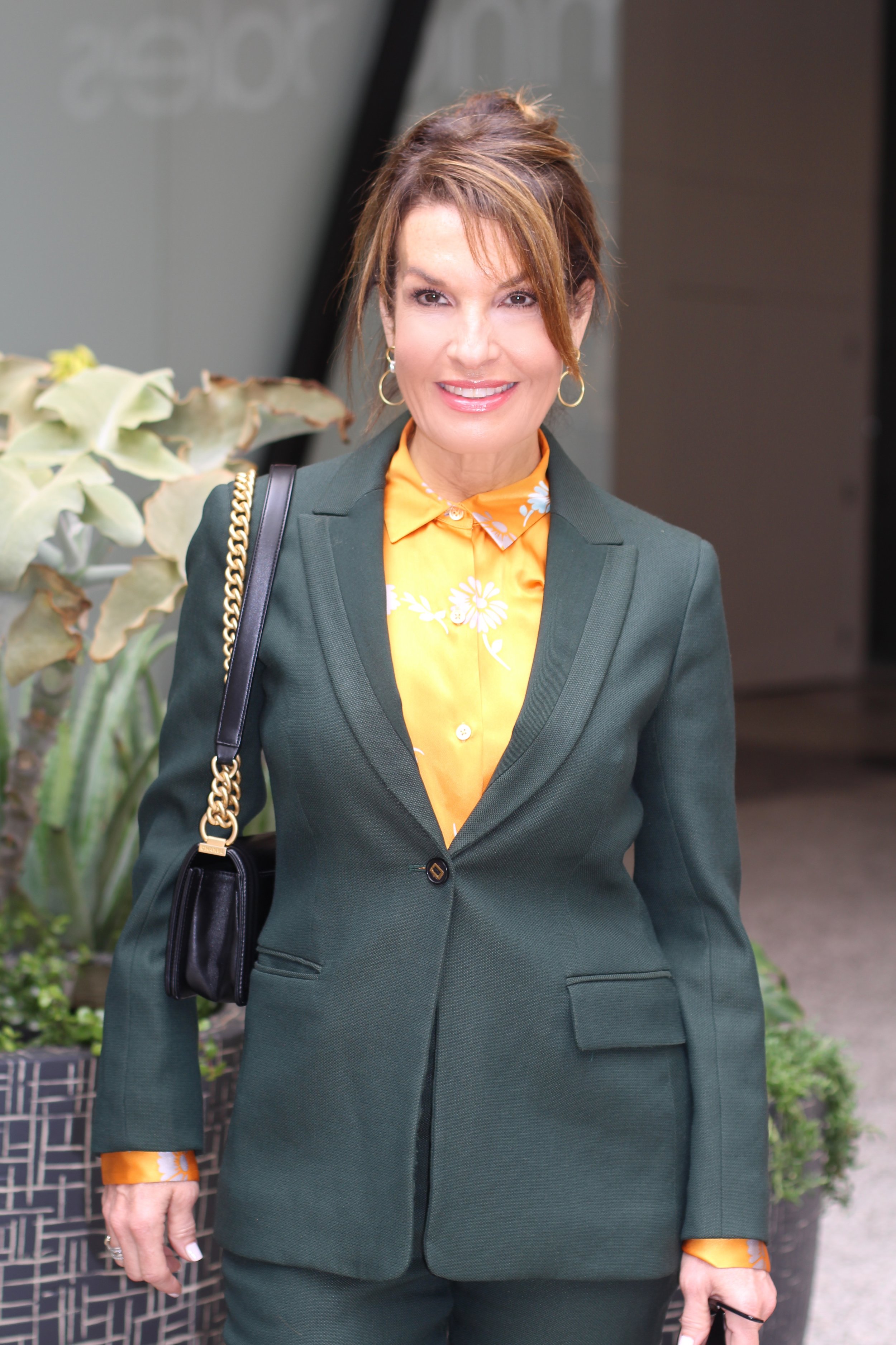 The Row Jacket and Pants, Equipment Blouse, Gianvanito Rossi Shoes, Chanel Handbag, Celine Sunglasses, Madewell Earrings.