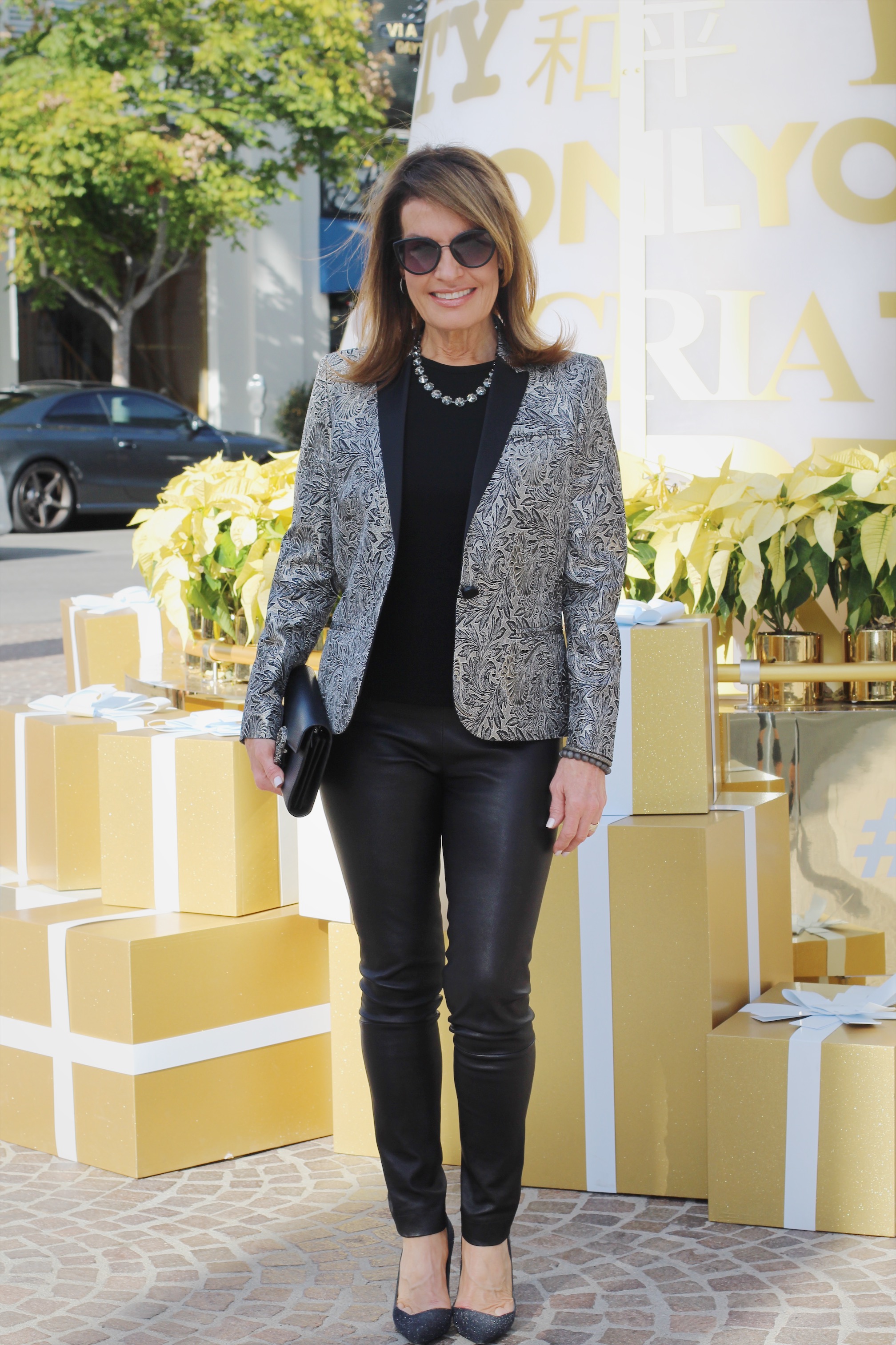 Barbara Bui Jacket, Worth New York Top , The Row Leggings, Dior Shoes, Gucci Clutch , Cathy B Jewelry Necklace, Chanel Sunglasses.