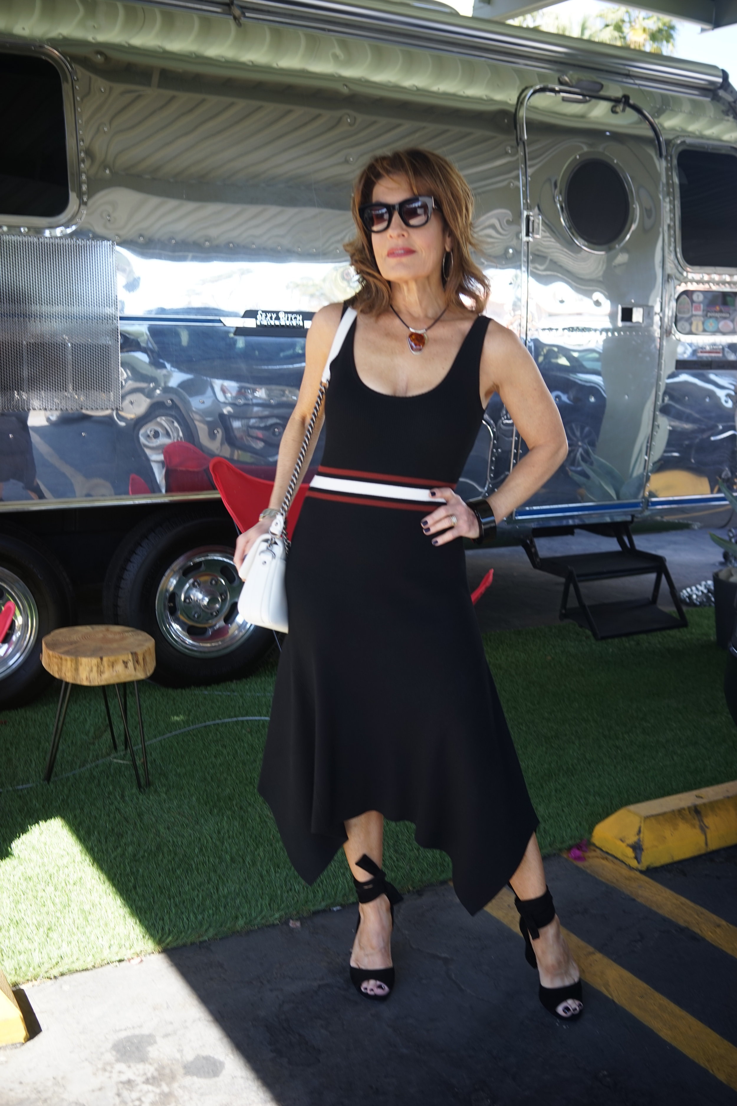 ALC Dress, Gianvito Rossi Sandals, Chanel Handbag, Lanvin Bangle, Celine sunglasses.